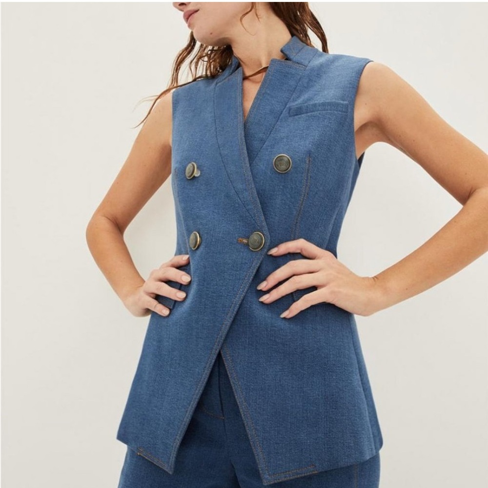 Veronica Beard Amika Sleeveless Double-Breasted Denim-Blue Vest in Cosmo